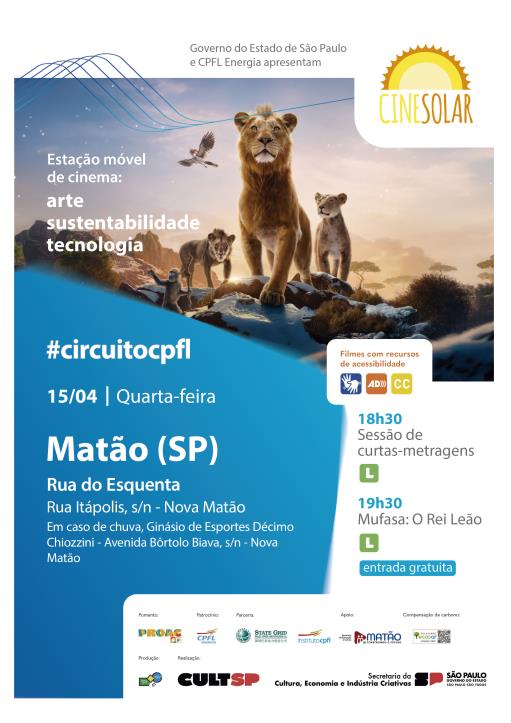 CineSolar, cinema movido a energia solar, exibe curtas-metragens e ‘Mufasa: O Rei Leão’ em Matão com entrada e pipoca de graça