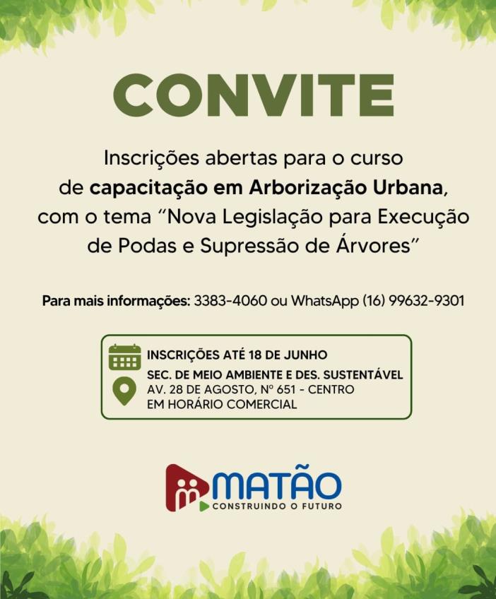 Prefeitura de Matão oferece curso gratuito sobre nova legislação de poda e supressão de árvores