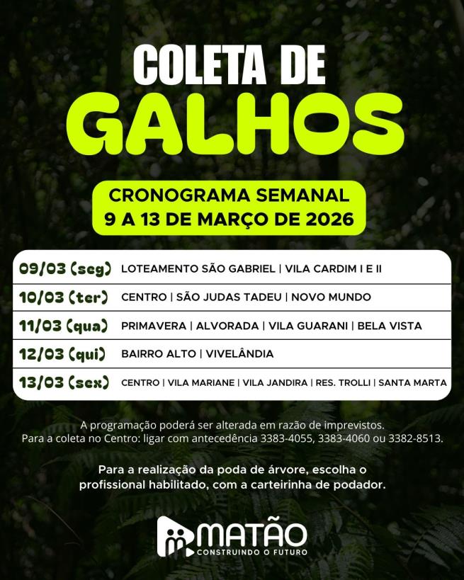 Fique ligado no cronograma da coleta de galhos!