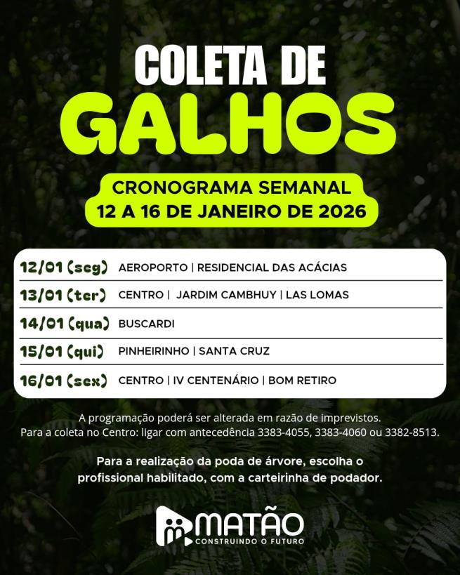 Atenção para os locais de coleta de galhos da semana