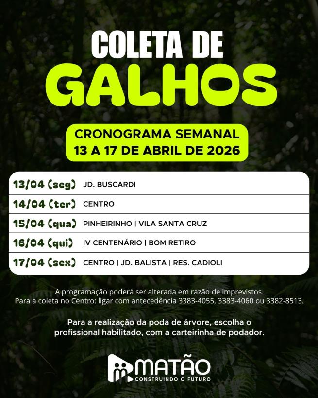 Atenção para os locais de coleta de galhos da semana!