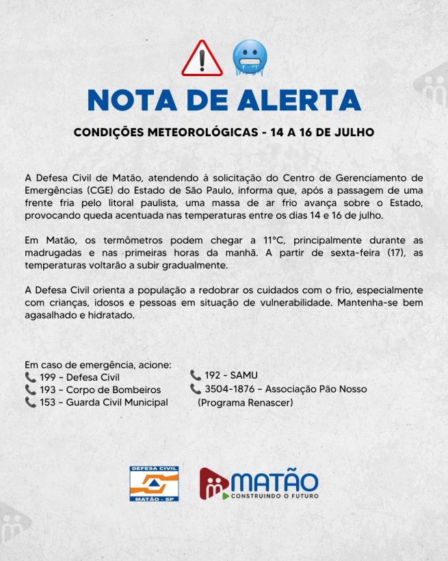 Condições Meteorológicas – 14 a 16 de julho