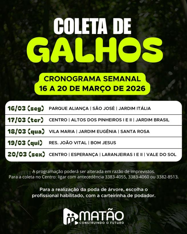 Fique ligado no cronograma da coleta de galhos!