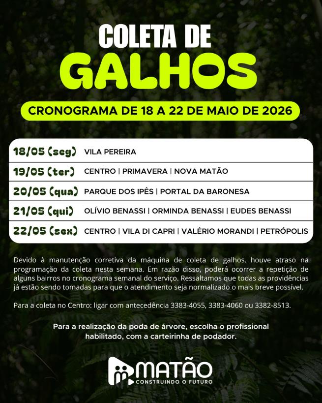 Fique ligado no cronograma da coleta de galhos!