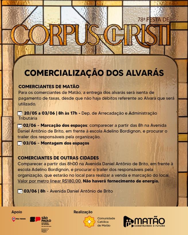 Entrega de alvarás para o Corpus Christi de Matão começa em 20 de maio