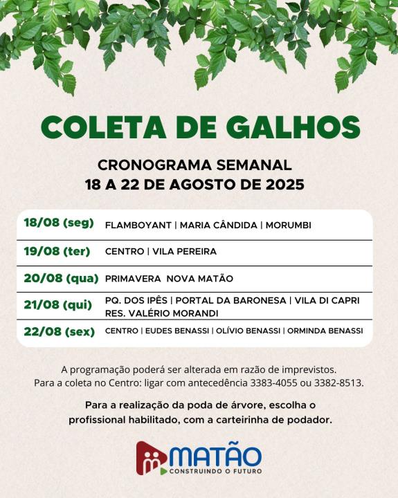 Fique ligado no cronograma da coleta de galhos!