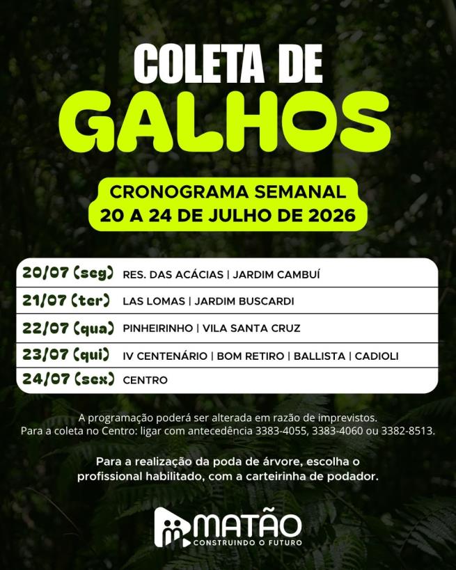 Fique ligado no cronograma da coleta de galhos!