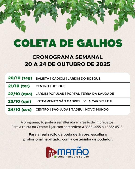 Fique ligado no cronograma da coleta de galhos!