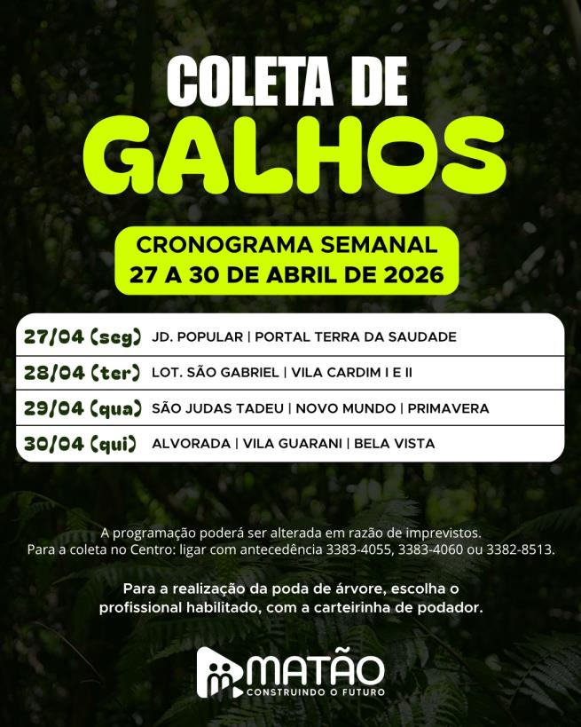 Fique ligado no cronograma da coleta de galhos!