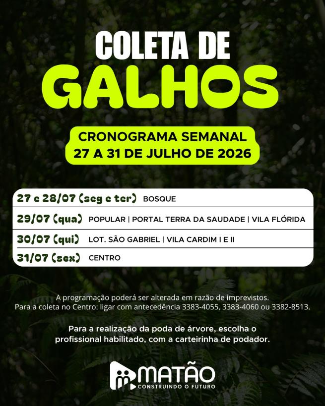 Atenção para a coleta de galho no seu bairro!