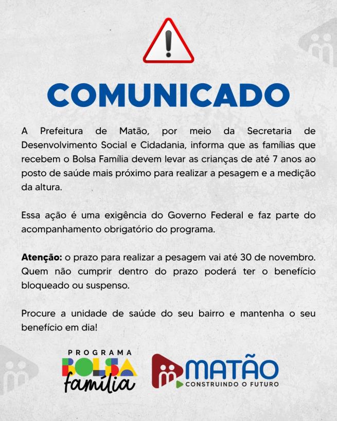 Comunicado importante às famílias beneficiárias do Bolsa Família