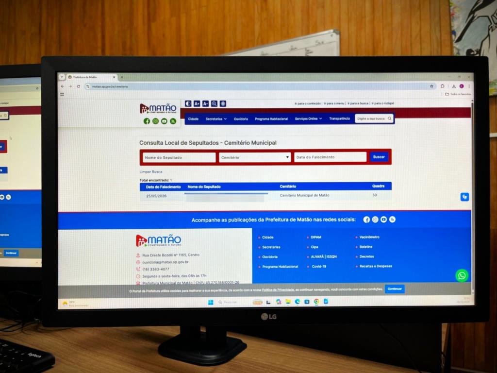 Inovação Digital: Com mais de 40 mil registros Prefeitura de Matão lança portal Cemitério Municipal