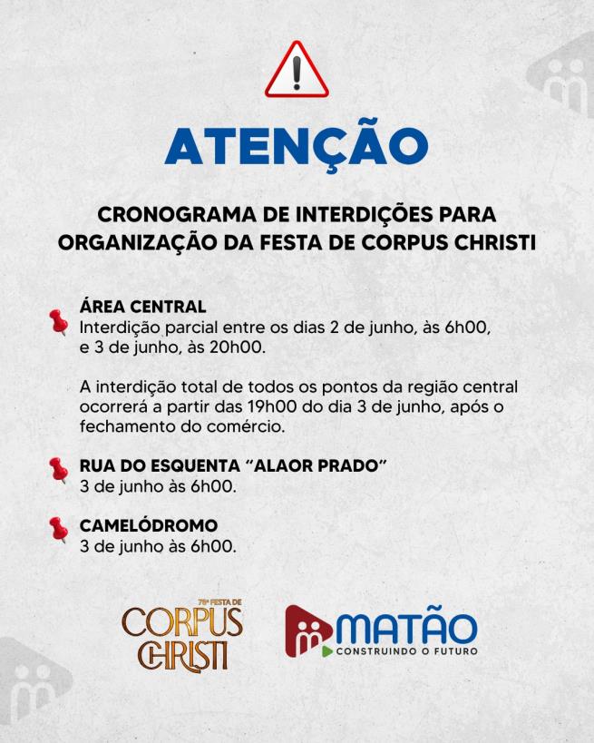 Cronograma de interdições no Trânsito para o Corpus Christi de Matão