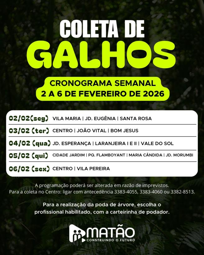 Fique ligado no cronograma da coleta de galhos!