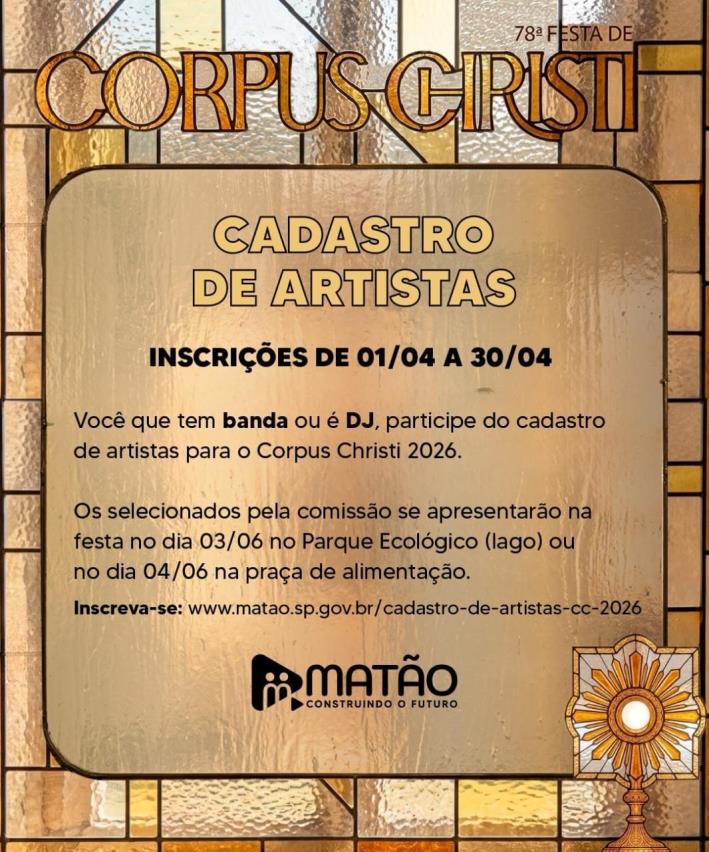 Prefeitura de Matão convida artistas locais e regionais a se cadastrarem para processo de seleção