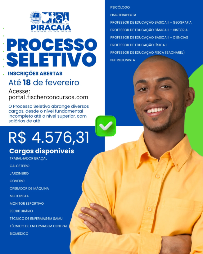 OPORTUNIDADE: PREFEITURA DE PIRACAIA ABRE INSCRIÇÕES PARA PROCESSO SELETIVO !
