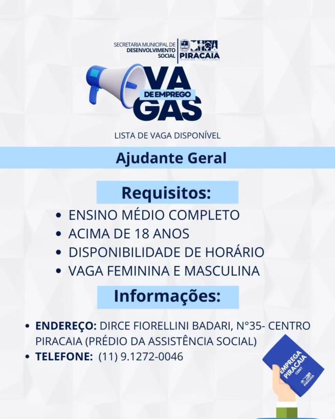 VAGAS DE EMPREGO DISPONÍVEIS !