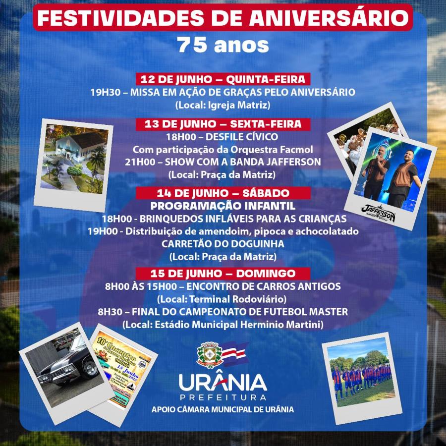 URÂNIA COMEMORA 75 ANOS COM PROGRAMAÇÃO ESPECIAL ENTRE OS DIAS 12 A 15 DE JUNHO