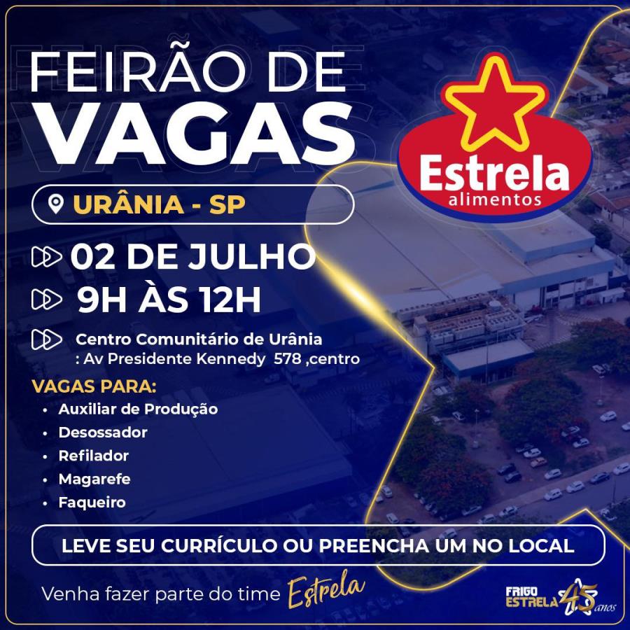 FEIRÃO DE VAGAS SERÁ REALIZADO EM URÂNIA NESTA QUARTA-FEIRA (2)