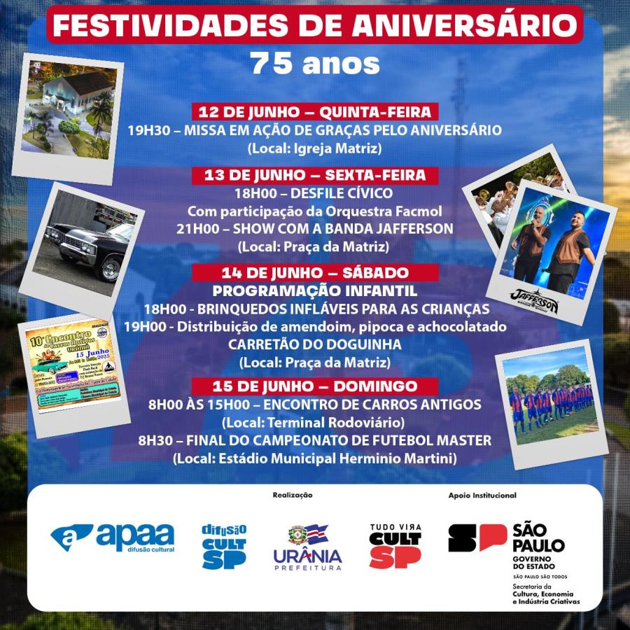 URÂNIA COMEMORA 75 ANOS COM PROGRAMAÇÃO ESPECIAL ENTRE OS DIAS 12 A 15 DE JUNHO