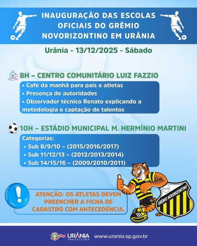 PREFEITURA DE URÂNIA ANUNCIA INAUGURAÇÃO DAS ESCOLAS OFICIAIS DO GRÊMIO NOVORIZONTINO