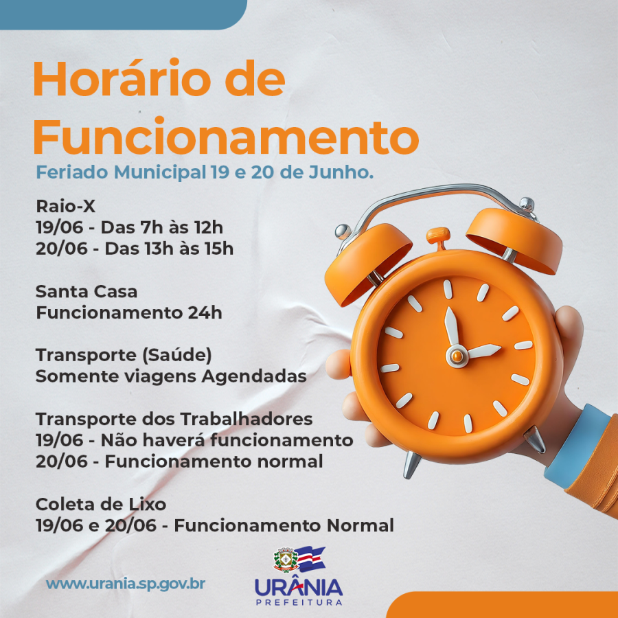 Confira o funcionamento dos serviços públicos no feriado municipal dos dias 19 e 20 de junho