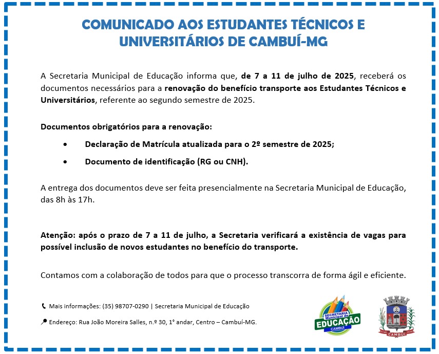 Comunicado aos Estudantes Técnicos e Universitários