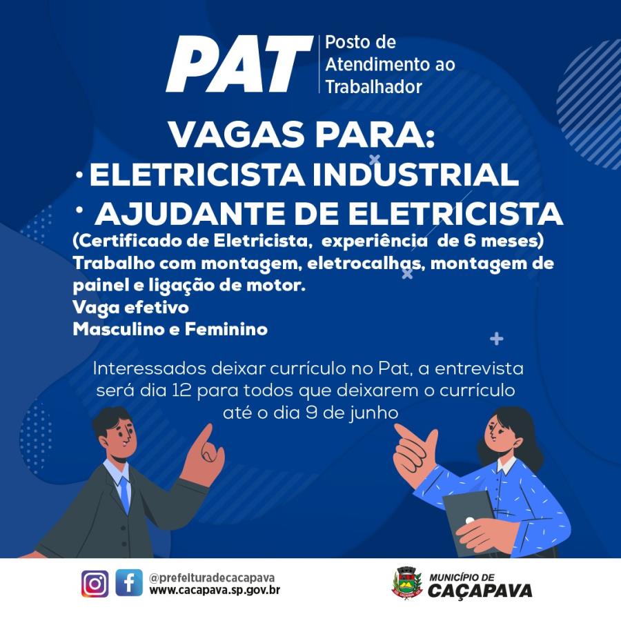 PAT recebe currículos de eletricista industrial e ajudante de eletricista para seleção no dia 12 de junho
