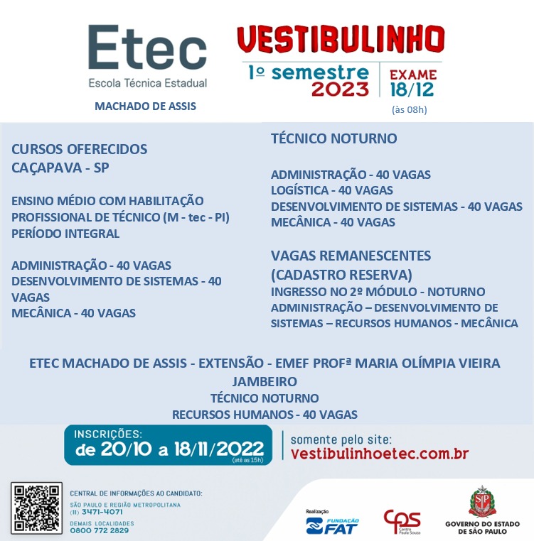 Vestibulinho da ETEC está com inscrições abertas para 1º semestre de 2023