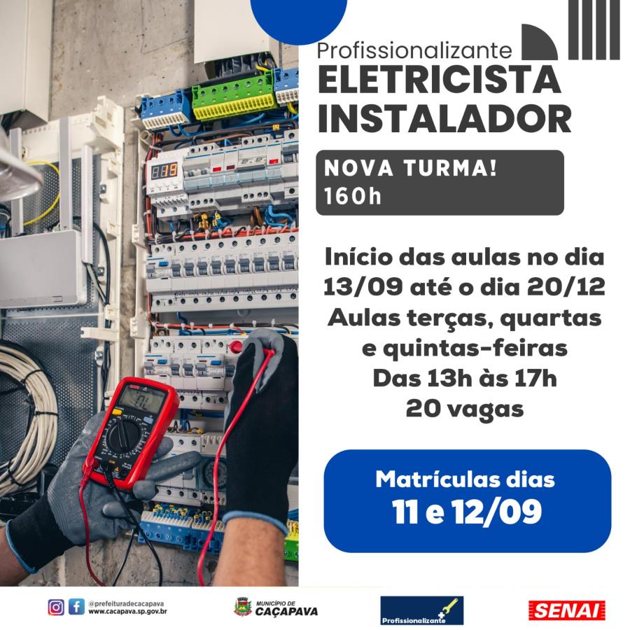 Curso gratuito de Eletricista Instalador certificado pelo SENAI abre inscrições na próxima semana