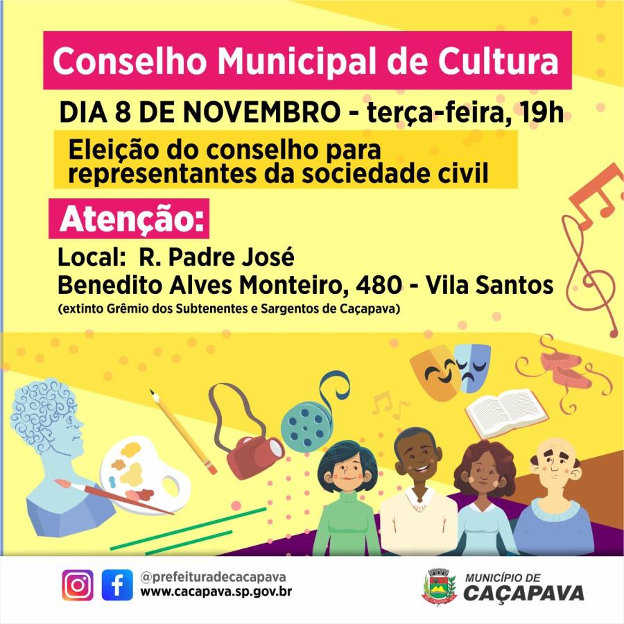 Eleição de representantes da sociedade civil para o Conselho Municipal de Cultura de Caçapava ocorrerá nesta terça-feira, (8)