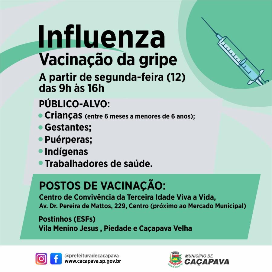 Vacinação contra a Influenza (gripe) começa na próxima segunda-feira  em Caçapava