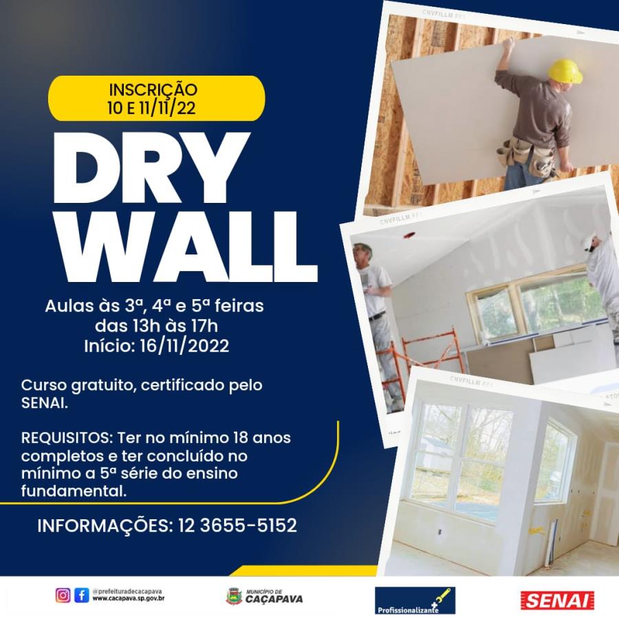 Inscrições abertas para curso gratuito de Instalação de Dry Wall