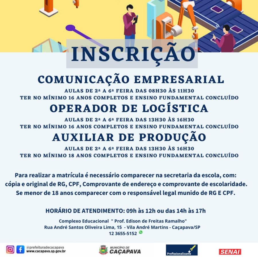 Inscrições abertas para cursos profissionalizantes gratuitos