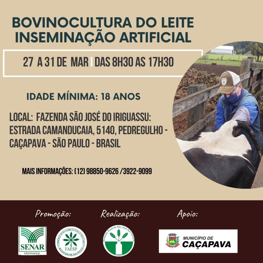 Inscrições abertas para curso gratuito de “Bovinocultura do Leite - Inseminação Artificial”