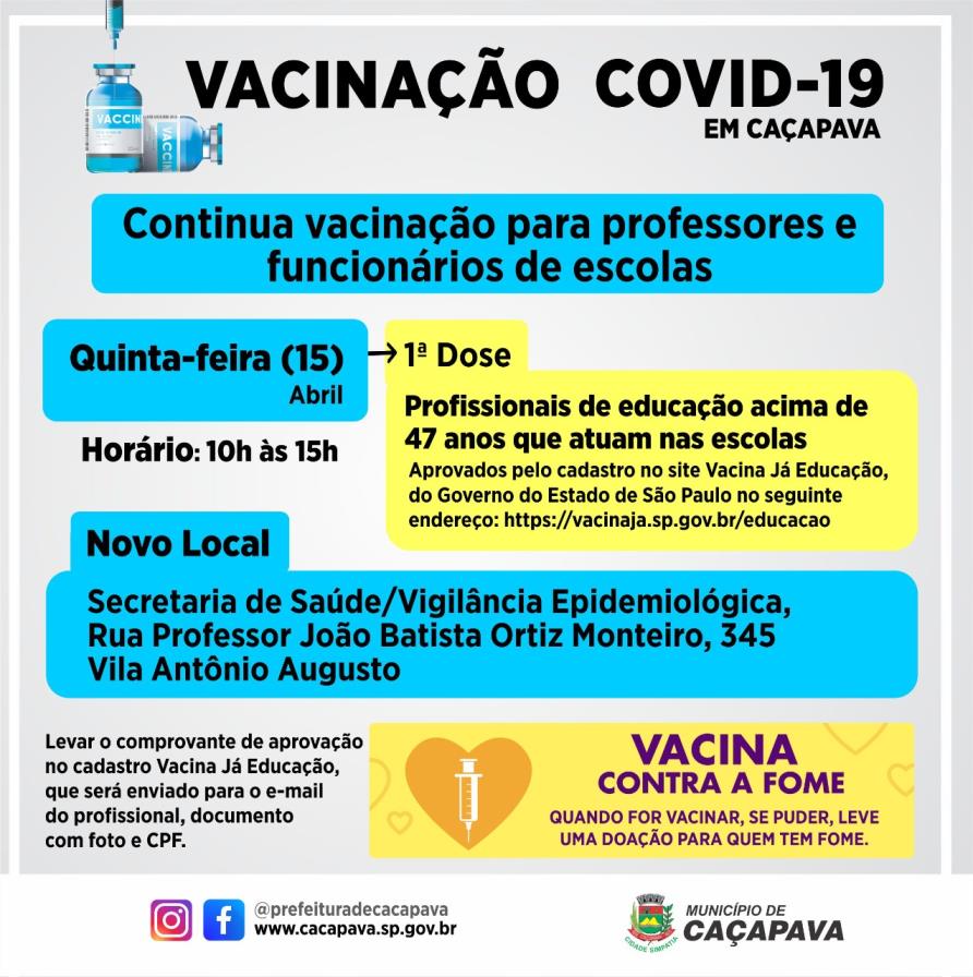 Vigilância altera posto de vacinação para professores nesta quinta-feira, 15 de abril