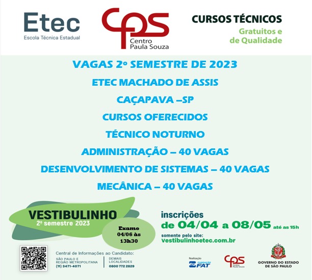 ETEC Machado de Assis abre inscrições para 2º semestre de 2023