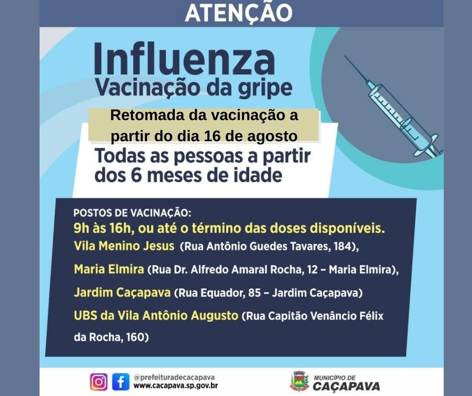 Prefeitura de Caçapava retoma vacinação contra a influenza (gripe) a partir do dia 16 de agosto