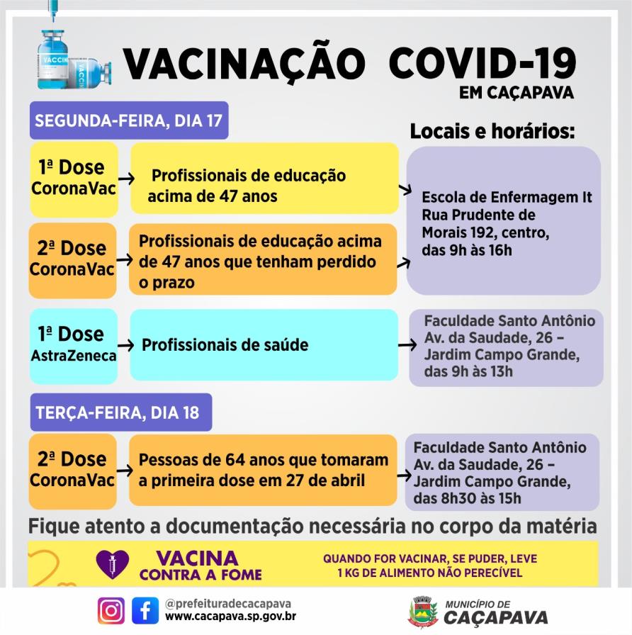 Vacinação contra a Covid continua na próxima semana atendendo profissionais de educação e saúde