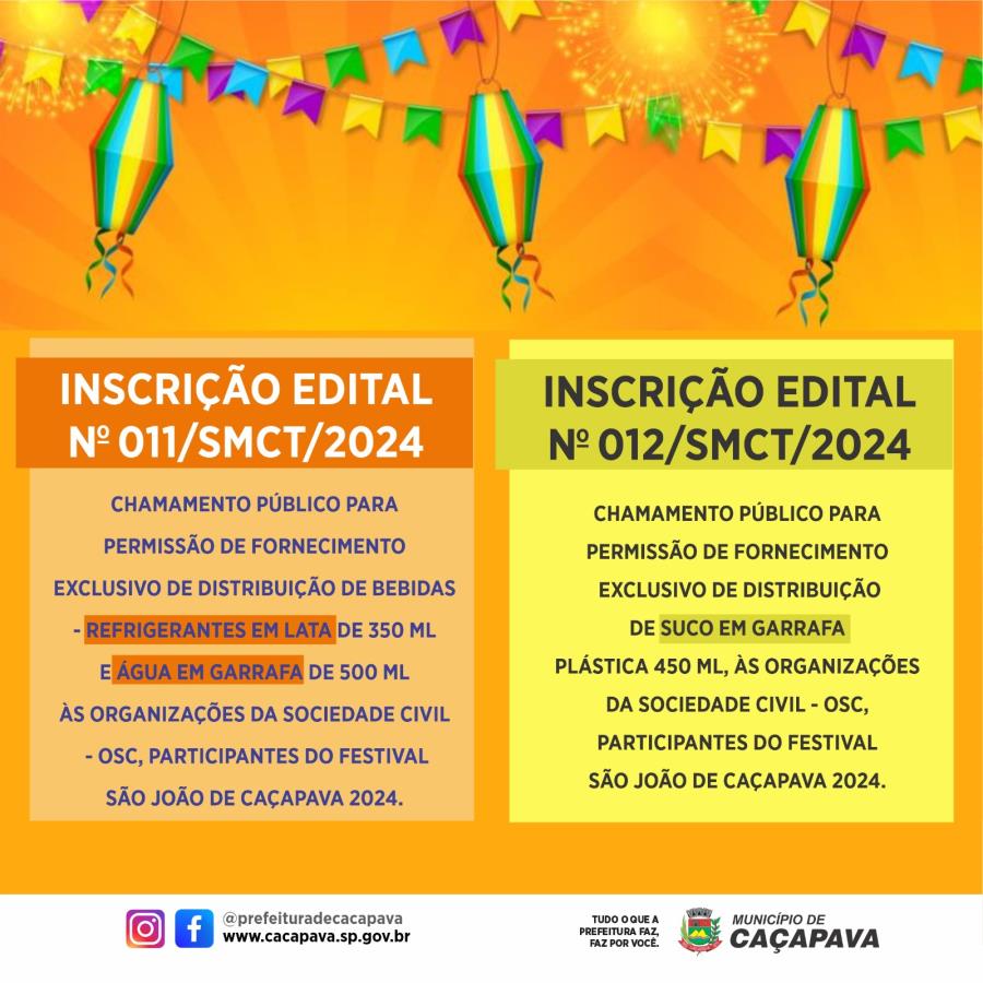 Prefeitura publica editais de chamamento de distribuição de bebidas para Festival São João de Caçapava