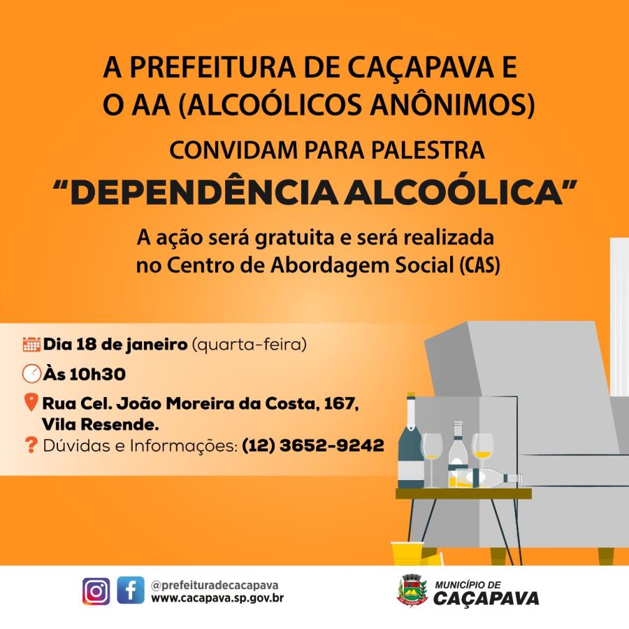 Palestra gratuita "Dependência Alcoólica" acontece dia 18 de janeiro 