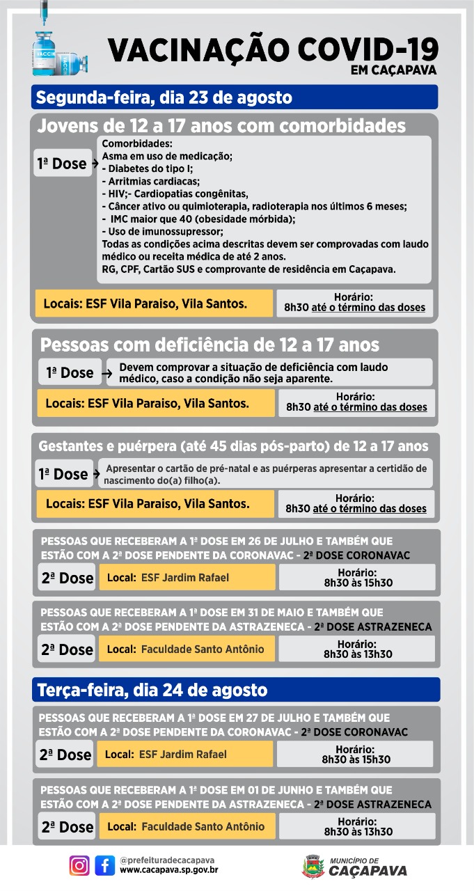 Jovens de 12 a 17 anos com comorbidades serão vacinados contra a Covid na próxima semana