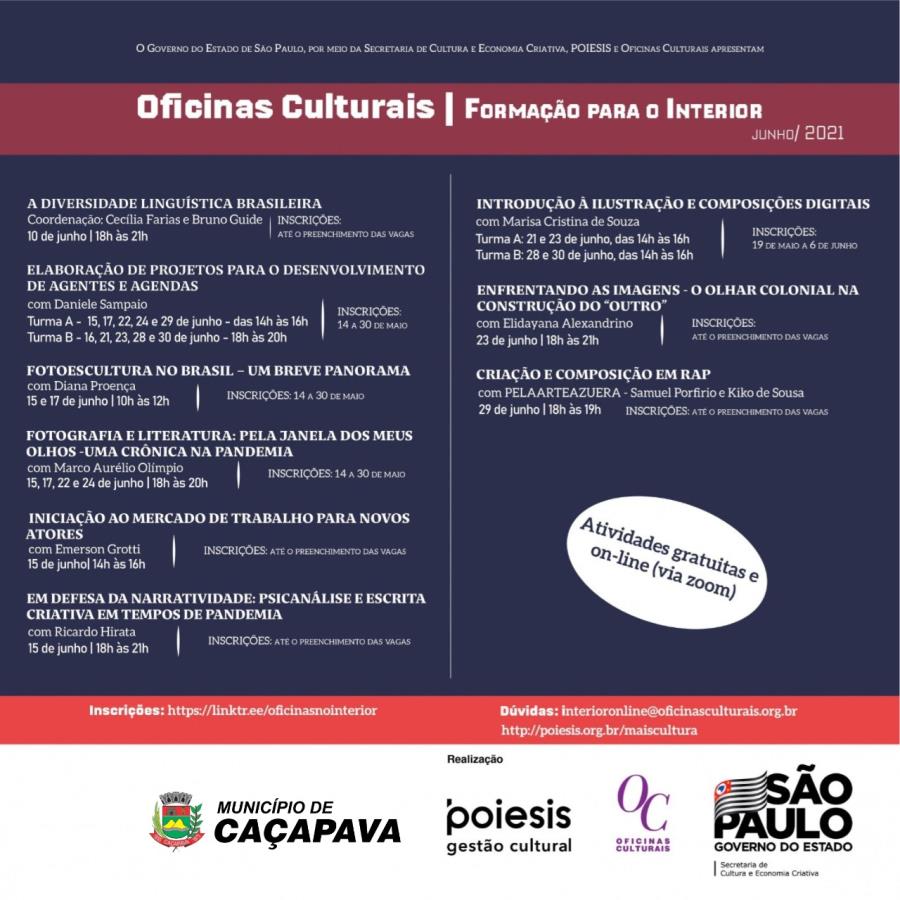 Seguem abertas inscrições para oficinas culturais virtuais ofertadas pelo Governo do Estado de São Paulo