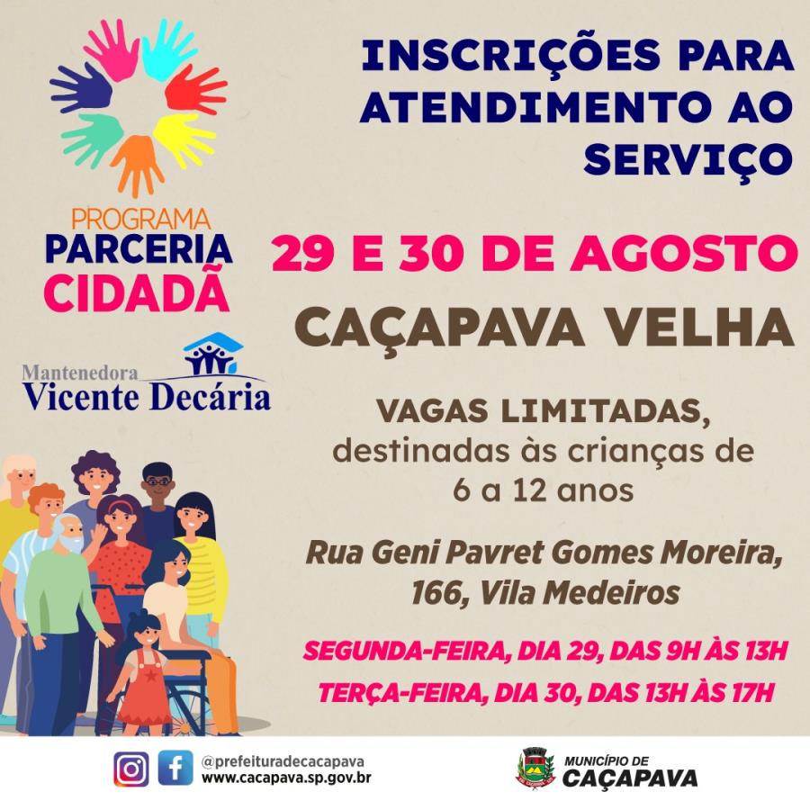 Abertas as inscrições para o Programa Parceria Cidadã em Caçapava Velha dias 29 e 30 de agosto