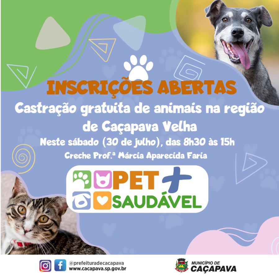 Inscrições para castração gratuita de cães e gatos em Caçapava Velha
