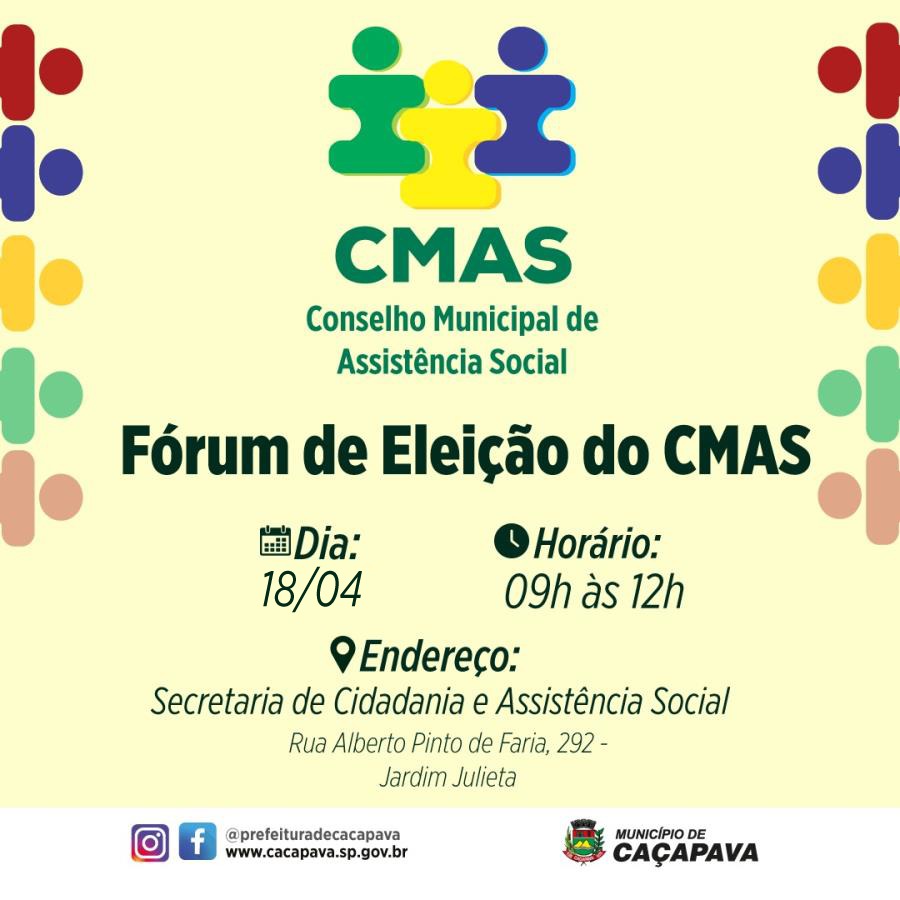 Fórum de eleição do CMAS será realizado em 18 de abril