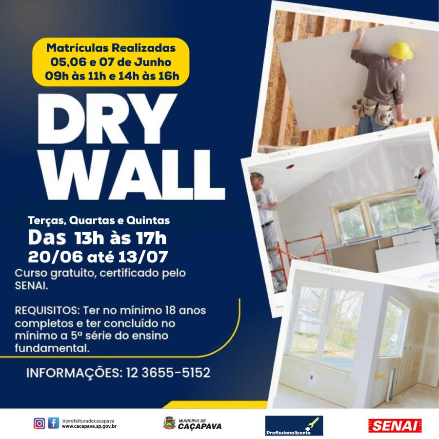 Cursos gratuito de Drywall certificado pelo SENAI tem inscrições abertas na próxima semana
