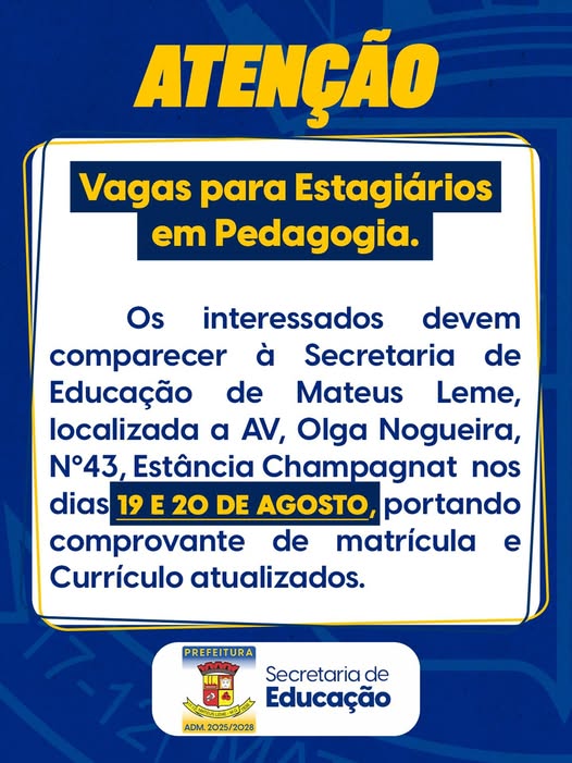 A Prefeitura de Mateus Leme, por meio da Secretaria de Educação, informa que estão abertas as inscrições para vagas de estágio na área de Pedagogia.