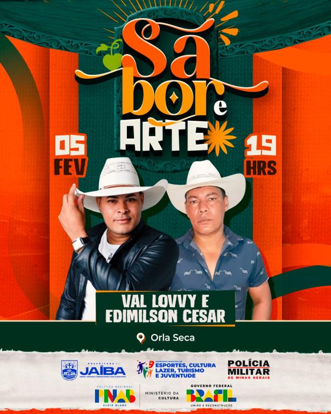 A DUPLA VAL LOVVY E EDIMILSON CESAR ANIMARÁ A FEIRA SABOR E ARTE NESTA PRÓXIMA QUINTA-FEIRA(05), EM JAÍBA, COM RECURSOS DA LEI ALDIR BLANC