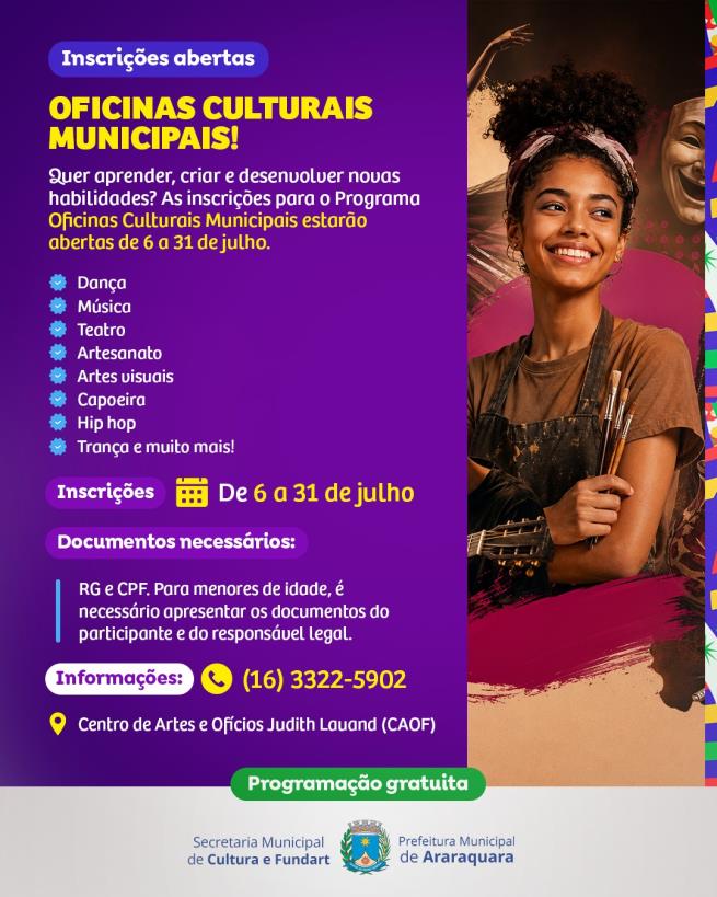 Programa Oficinas Culturais Municipais abre inscrições para o 2º semestre
